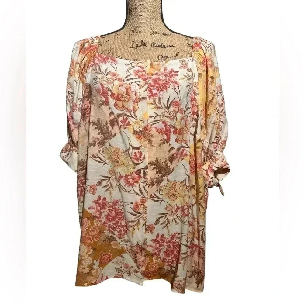 LC Lauren Conrad Ploral Women Short Sleeves Button Down Blouse Floral Plus OX